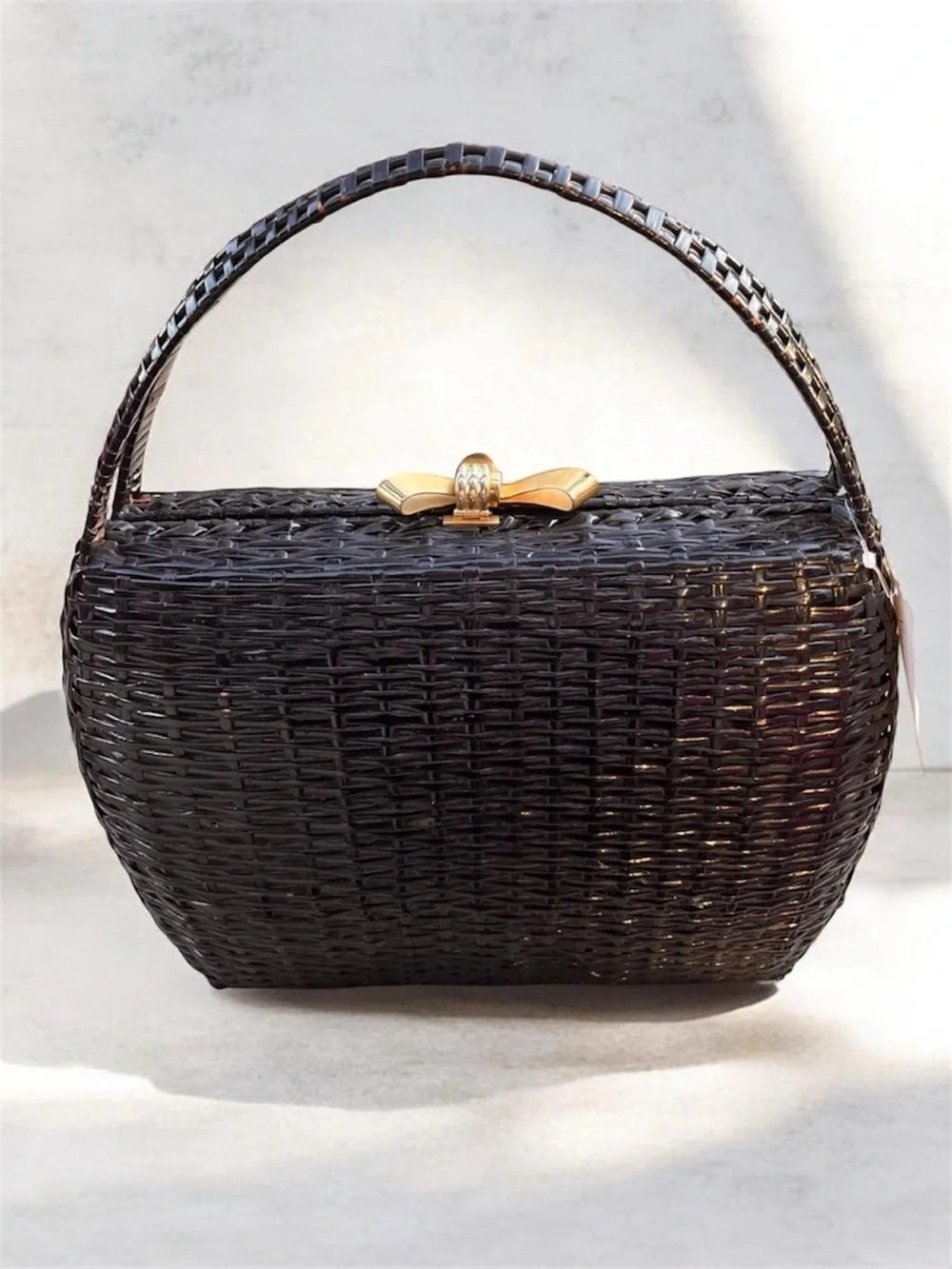 Vintage Woven Black Rattan Handbag Bag Large rare MCM Italy